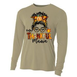 Funny Cute One Thankful Mama Messy Bun Fall Autumn Thanksgiving Cooling Performance Long Sleeve Crew