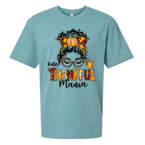 Funny Cute One Thankful Mama Messy Bun Fall Autumn Thanksgiving Sueded Cloud Jersey T-Shirt