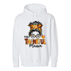 Funny Cute One Thankful Mama Messy Bun Fall Autumn Thanksgiving Garment-Dyed Fleece Hoodie