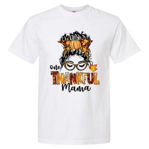 Funny Cute One Thankful Mama Messy Bun Fall Autumn Thanksgiving Garment-Dyed Heavyweight T-Shirt