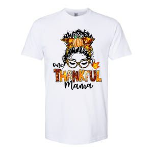 Funny Cute One Thankful Mama Messy Bun Fall Autumn Thanksgiving Softstyle CVC T-Shirt