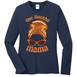 Funny Cute One Thankful Mama Autumn Festive Hair Bun Ladies Long Sleeve Shirt