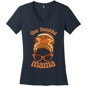 Funny Cute One Thankful Mama Autumn Festive Hair Bun Women's V-Neck T-Shirt