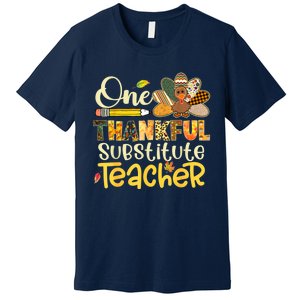 Funny Cute One Thankful Substitute Teacher Turkey Leopard Thanksgiving Premium T-Shirt