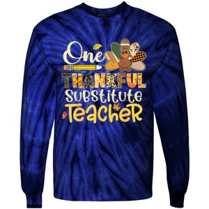 Funny Cute One Thankful Substitute Teacher Turkey Leopard Thanksgiving Tie-Dye Long Sleeve Shirt