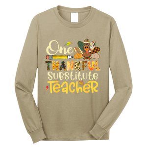 Funny Cute One Thankful Substitute Teacher Turkey Leopard Thanksgiving Long Sleeve Shirt