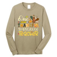 Funny Cute One Thankful Substitute Teacher Turkey Leopard Thanksgiving Long Sleeve Shirt