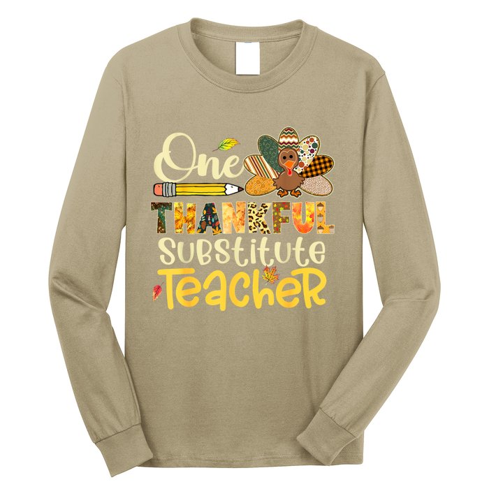 Funny Cute One Thankful Substitute Teacher Turkey Leopard Thanksgiving Long Sleeve Shirt