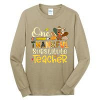 Funny Cute One Thankful Substitute Teacher Turkey Leopard Thanksgiving Tall Long Sleeve T-Shirt