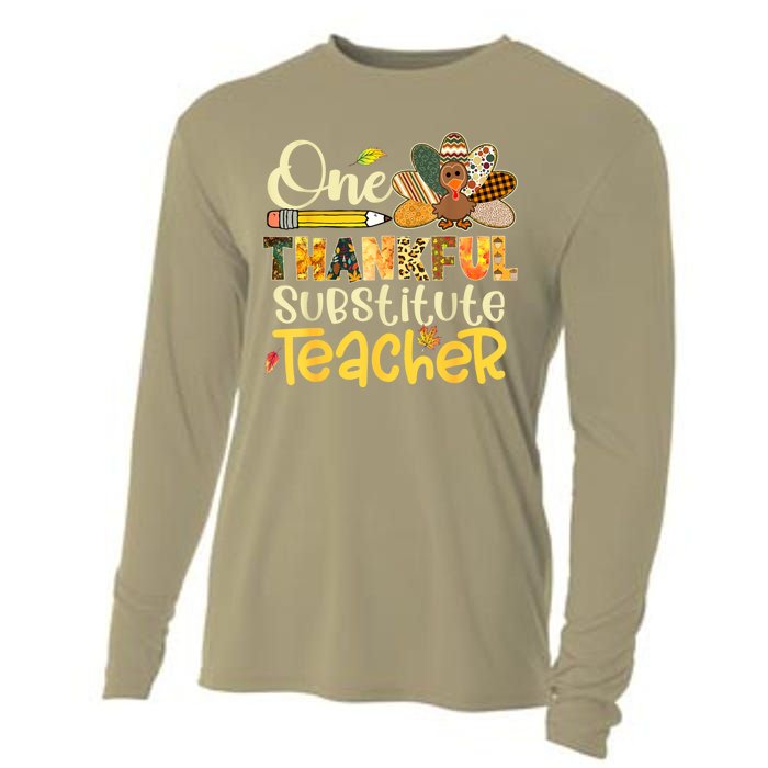 Funny Cute One Thankful Substitute Teacher Turkey Leopard Thanksgiving Cooling Performance Long Sleeve Crew