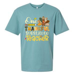 Funny Cute One Thankful Substitute Teacher Turkey Leopard Thanksgiving Sueded Cloud Jersey T-Shirt