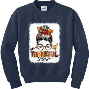 Funny Cute One Thankful Teacher Messy Bun Fall Autumn Thanksgiving Kids Sweatshirt