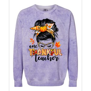 Funny Cute One Thankful Teacher Messy Bun Fall Autumn Thanksgiving Colorblast Crewneck Sweatshirt