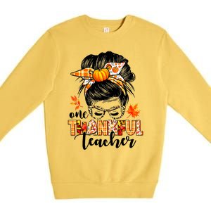 Funny Cute One Thankful Teacher Messy Bun Fall Autumn Thanksgiving Premium Crewneck Sweatshirt