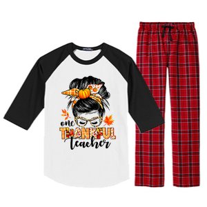 Funny Cute One Thankful Teacher Messy Bun Fall Autumn Thanksgiving Raglan Sleeve Pajama Set