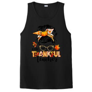 Funny Cute One Thankful Teacher Messy Bun Fall Autumn Thanksgiving PosiCharge Competitor Tank