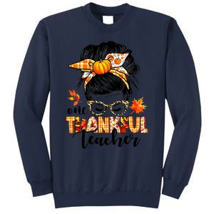 Funny Cute One Thankful Teacher Messy Bun Fall Autumn Thanksgiving Sweatshirt