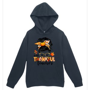 Funny Cute One Thankful Teacher Messy Bun Fall Autumn Thanksgiving Urban Pullover Hoodie