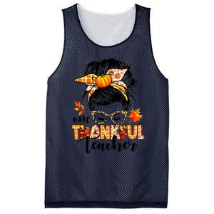 Funny Cute One Thankful Teacher Messy Bun Fall Autumn Thanksgiving Mesh Reversible Basketball Jersey Tank