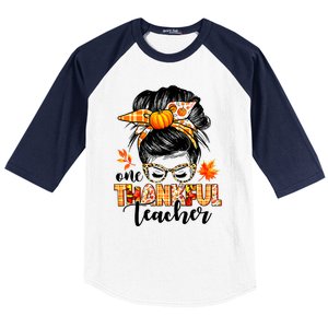 Funny Cute One Thankful Teacher Messy Bun Fall Autumn Thanksgiving Baseball Sleeve Shirt