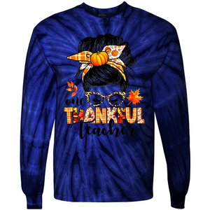 Funny Cute One Thankful Teacher Messy Bun Fall Autumn Thanksgiving Tie-Dye Long Sleeve Shirt