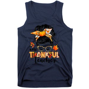 Funny Cute One Thankful Teacher Messy Bun Fall Autumn Thanksgiving Tank Top