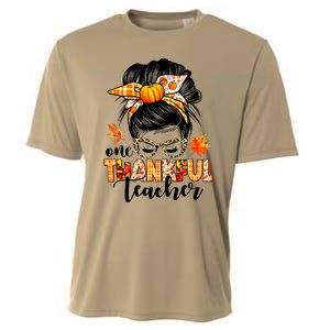 Funny Cute One Thankful Teacher Messy Bun Fall Autumn Thanksgiving Cooling Performance Crew T-Shirt