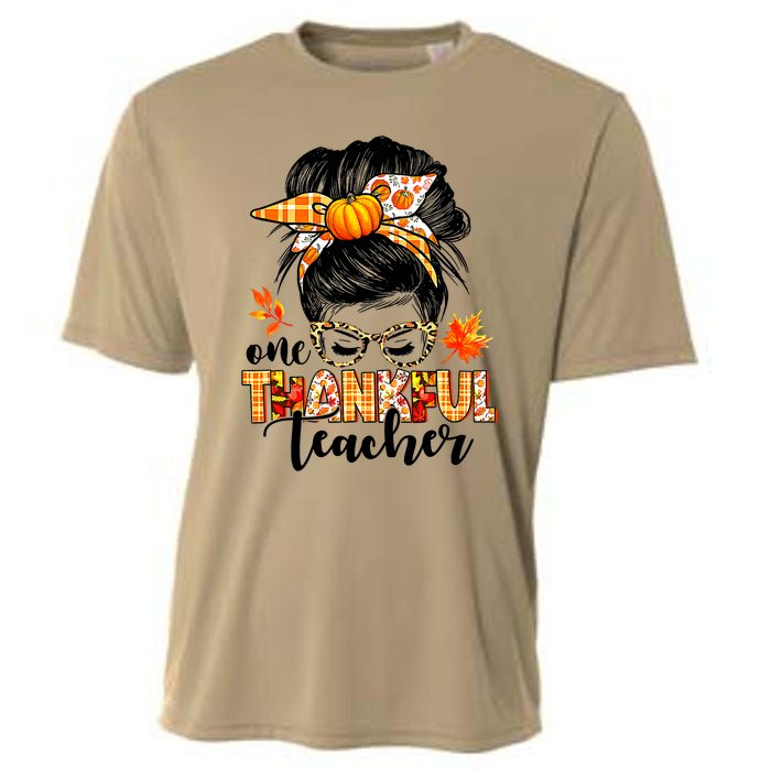 Funny Cute One Thankful Teacher Messy Bun Fall Autumn Thanksgiving Cooling Performance Crew T-Shirt