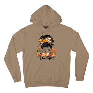 Funny Cute One Thankful Teacher Messy Bun Fall Autumn Thanksgiving Hoodie