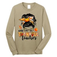 Funny Cute One Thankful Teacher Messy Bun Fall Autumn Thanksgiving Long Sleeve Shirt