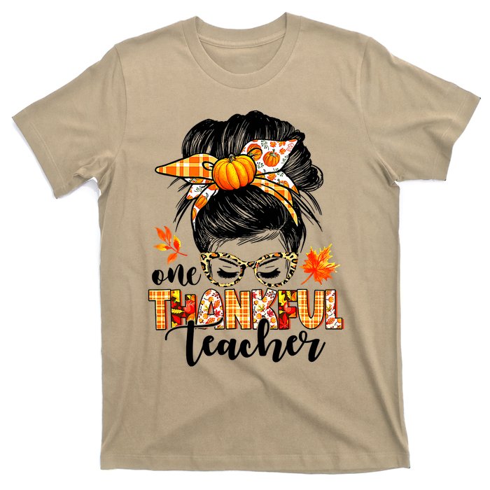 Funny Cute One Thankful Teacher Messy Bun Fall Autumn Thanksgiving T-Shirt