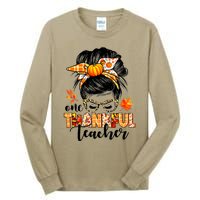 Funny Cute One Thankful Teacher Messy Bun Fall Autumn Thanksgiving Tall Long Sleeve T-Shirt