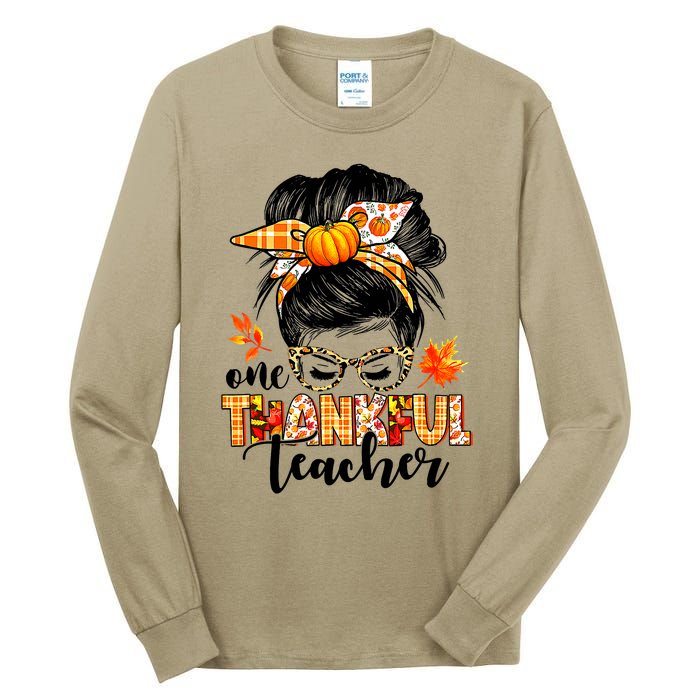 Funny Cute One Thankful Teacher Messy Bun Fall Autumn Thanksgiving Tall Long Sleeve T-Shirt