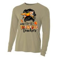 Funny Cute One Thankful Teacher Messy Bun Fall Autumn Thanksgiving Cooling Performance Long Sleeve Crew