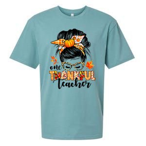 Funny Cute One Thankful Teacher Messy Bun Fall Autumn Thanksgiving Sueded Cloud Jersey T-Shirt