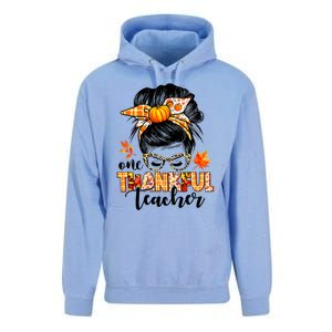 Funny Cute One Thankful Teacher Messy Bun Fall Autumn Thanksgiving Unisex Surf Hoodie