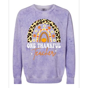 Funny Cute One Thankful Teacher Thanksgiving Fall Autumn Groovy Leopard Colorblast Crewneck Sweatshirt