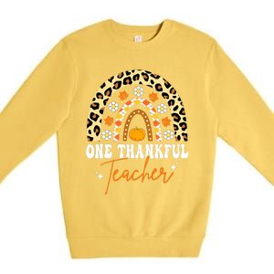 Funny Cute One Thankful Teacher Thanksgiving Fall Autumn Groovy Leopard Premium Crewneck Sweatshirt