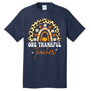 Funny Cute One Thankful Teacher Thanksgiving Fall Autumn Groovy Leopard Tall T-Shirt