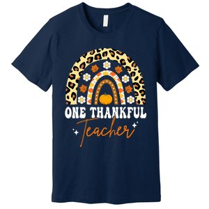 Funny Cute One Thankful Teacher Thanksgiving Fall Autumn Groovy Leopard Premium T-Shirt