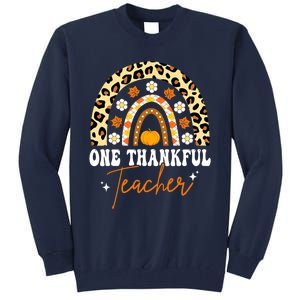 Funny Cute One Thankful Teacher Thanksgiving Fall Autumn Groovy Leopard Tall Sweatshirt