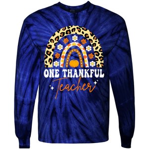 Funny Cute One Thankful Teacher Thanksgiving Fall Autumn Groovy Leopard Tie-Dye Long Sleeve Shirt