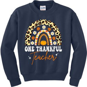 Funny Cute One Thankful Teacher Thanksgiving Fall Autumn Groovy Leopard Kids Sweatshirt