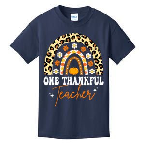 Funny Cute One Thankful Teacher Thanksgiving Fall Autumn Groovy Leopard Kids T-Shirt