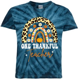 Funny Cute One Thankful Teacher Thanksgiving Fall Autumn Groovy Leopard Kids Tie-Dye T-Shirt