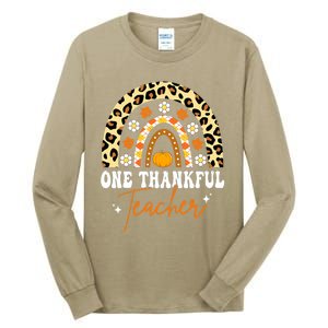 Funny Cute One Thankful Teacher Thanksgiving Fall Autumn Groovy Leopard Tall Long Sleeve T-Shirt