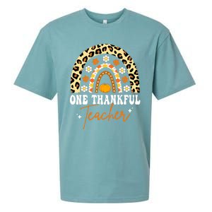 Funny Cute One Thankful Teacher Thanksgiving Fall Autumn Groovy Leopard Sueded Cloud Jersey T-Shirt