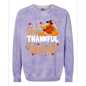 Funny Cute One Thankful Teacher Thanksgiving Turkey Teacher Colorblast Crewneck Sweatshirt