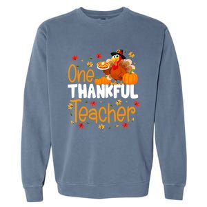 Funny Cute One Thankful Teacher Thanksgiving Turkey Teacher Garment-Dyed Sweatshirt