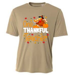 Funny Cute One Thankful Teacher Thanksgiving Turkey Teacher Cooling Performance Crew T-Shirt